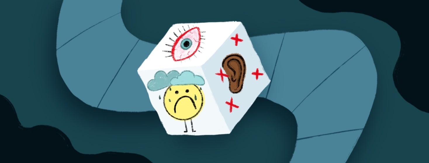 Dice with a sad face, eerie eye, and an ear representing hearing loss behind the dice is a path.