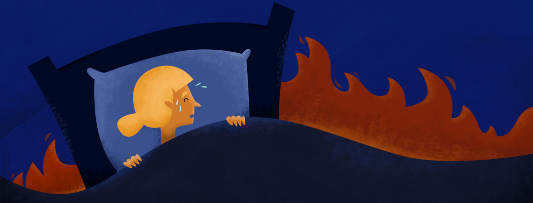 Image of distressed woman in bed with a flame behind her.