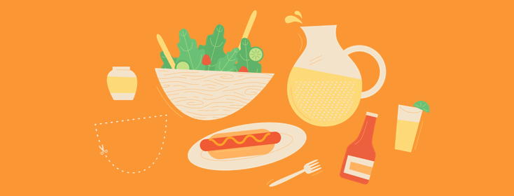 Image of BBQ foods, including hot dog, salad, lemonade, and more.