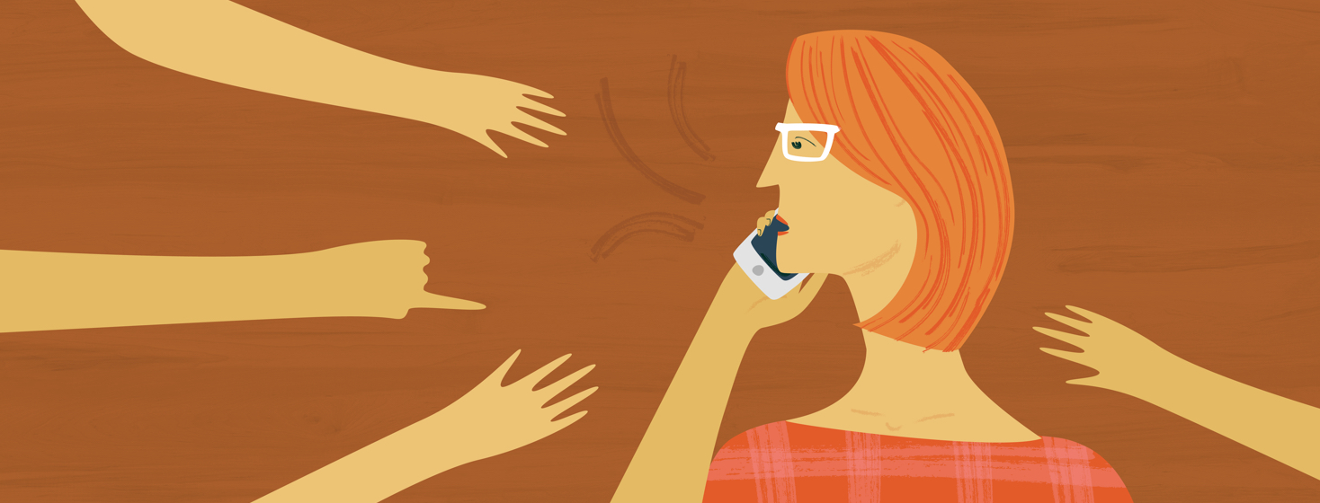 Woman on the phone with many hands reaching out to grab her