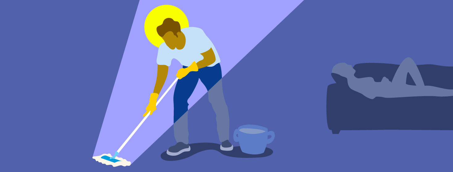 Man with saintly halo mops the floor while a woman lays incapacitated by fatigue and pain on a couch in the background