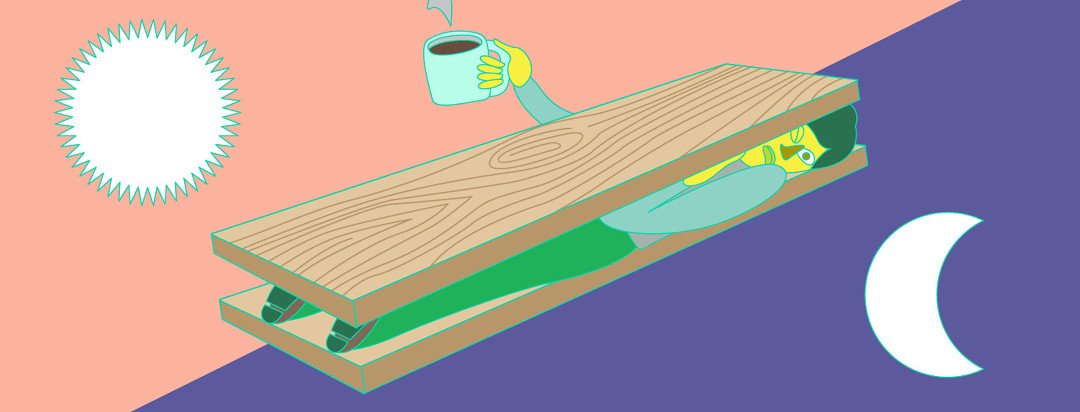 Person flattened beneath a heavy board, holding a coffee mug and struggling to transition from sleeping to being awake