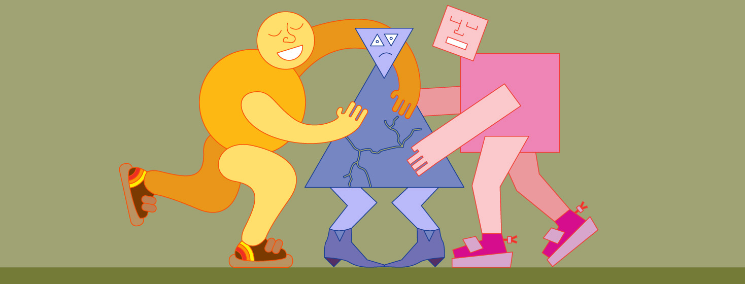 Two figures hugging a third figure gently