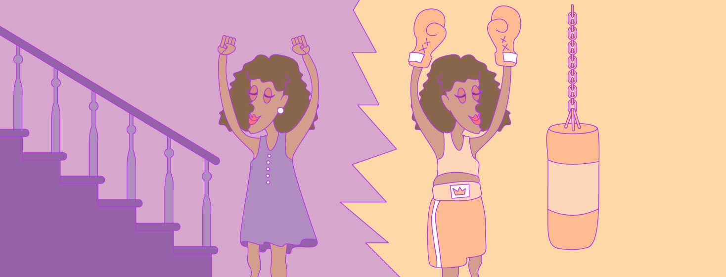 Woman celebrating the small victory of walking down the stairs one day, while celebrating being able to do a boxing class another day