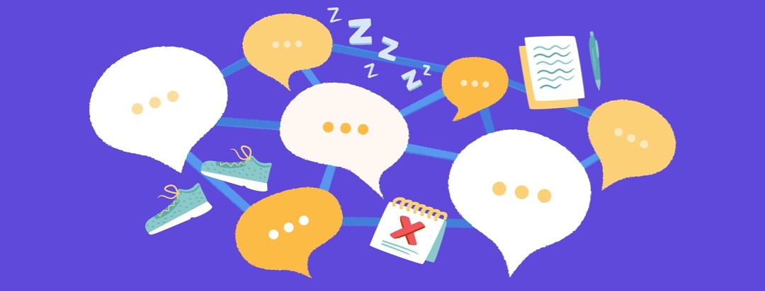 Network of speech bubbles and other icons representing community advice