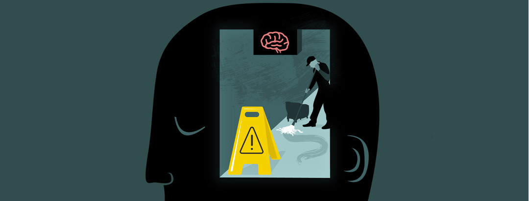 Window into the head picturing a hallways with a janitor mopping and a caution sign at the entrance. Overhead, there's a sign mimicking an exit sign with a brain icon.