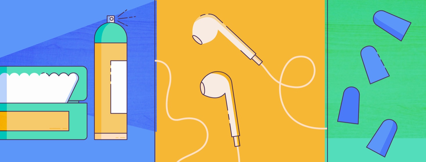 Disinfectant spray and wipes, headphones, and ear plugs