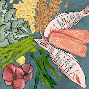 A spread of fresh foods on a surface: fish, grains, vegetables, tomatoes, nuts.