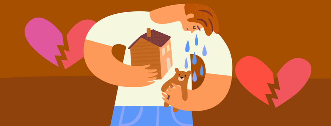 Man crying clutching a house and teddy bear representing his family and relationships with broken hearts in the background