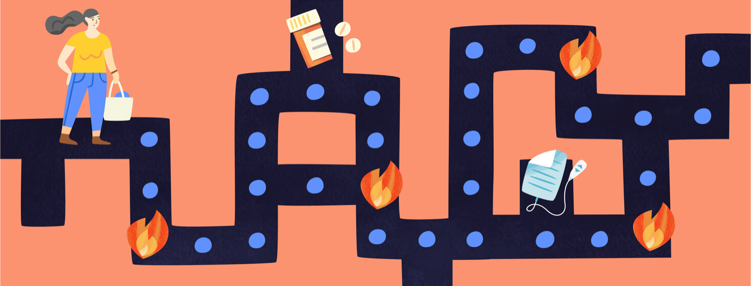 Woman navigating a video game landscape to collect medication and avoid flares