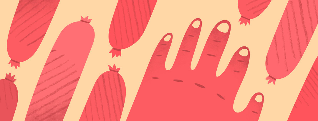 A hand with red swollen fingers surrounded by sausages
