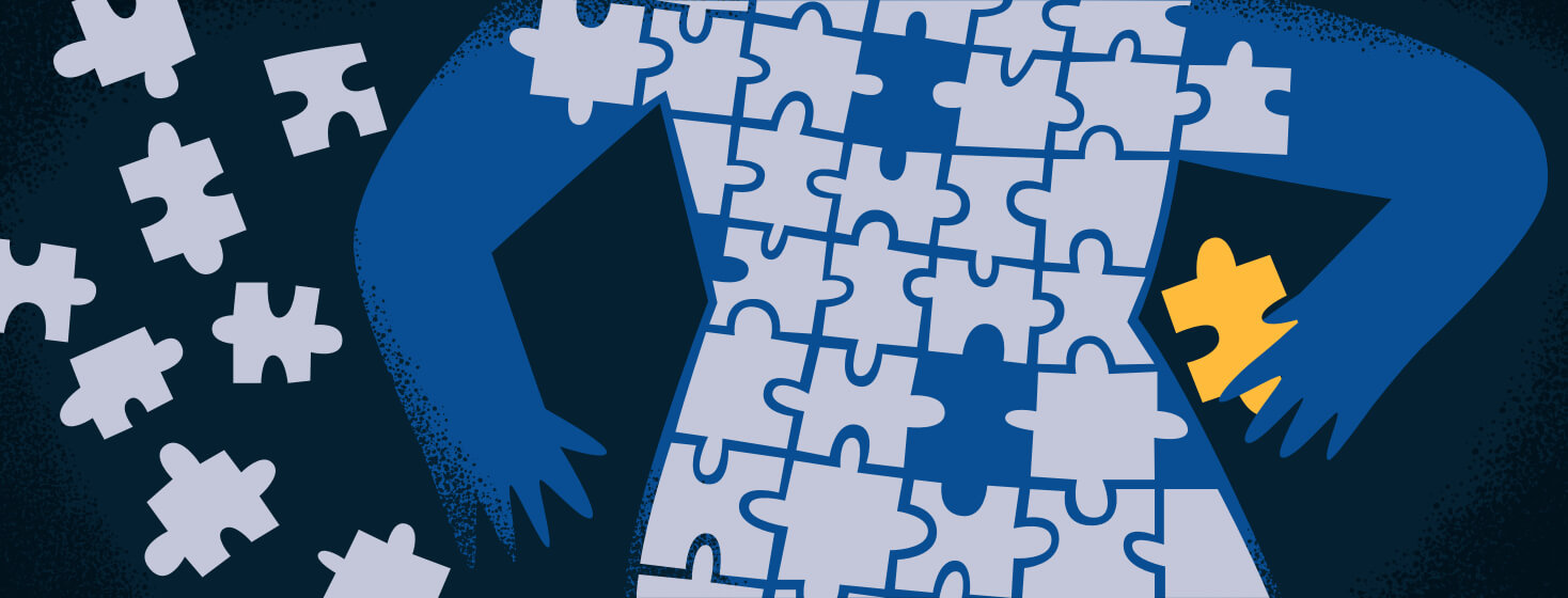 Filling in a puzzle with a different color piece to represent making a small change in life