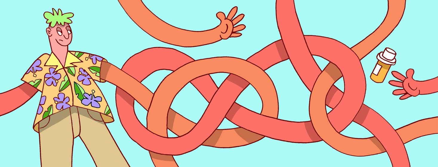 a man's arms are in a twist and knot as he reaches for a bottle of pills