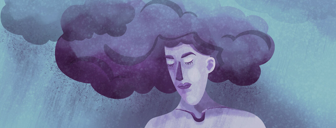 A woman with storm clouds for hair symbolizing her mental health struggles