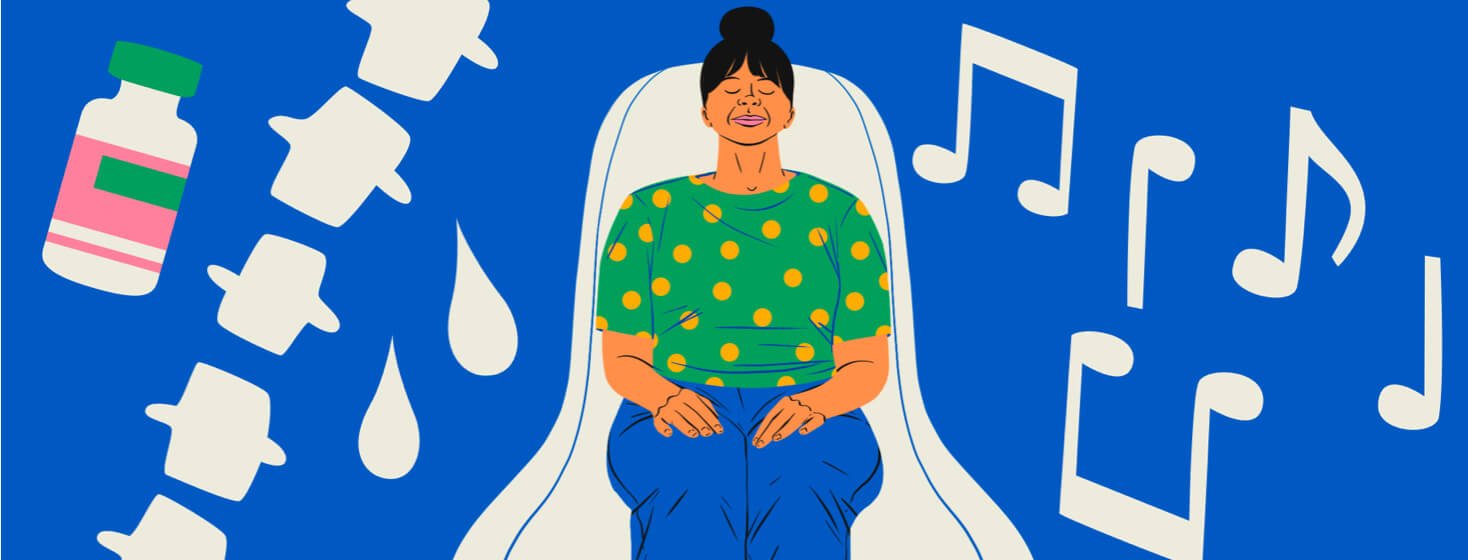 A calm woman sits in a doctor's office with her eyes closed while music notes, a spine, and an injection float around her