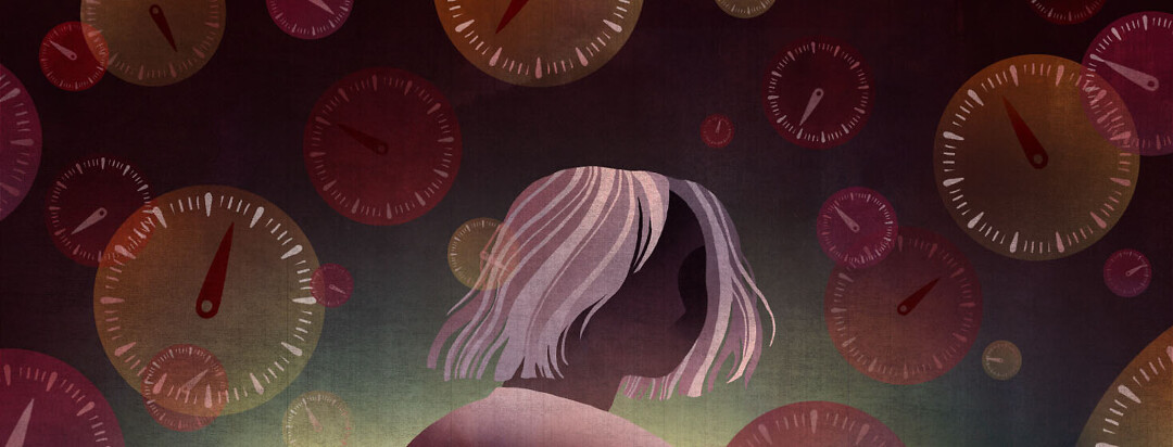 A woman is surrounded by ticking clocks, representing her anxiety about her disease progression