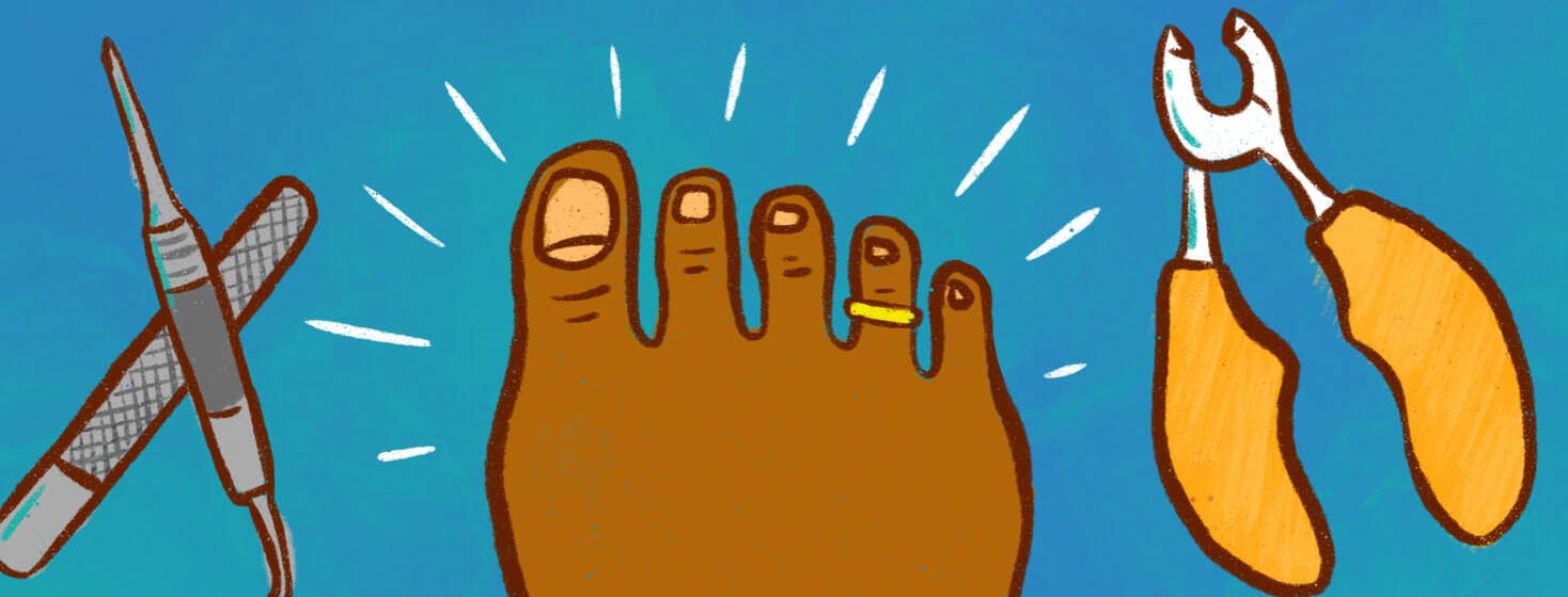 A healthy-looking foot with nail care tools surrounding it