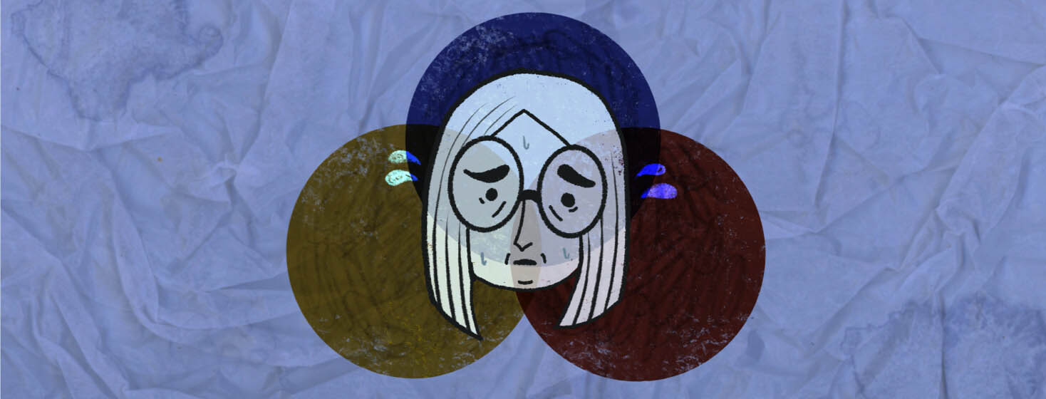 A worried face is shown in front of overlapping venn diagram circles representing her comorbidities