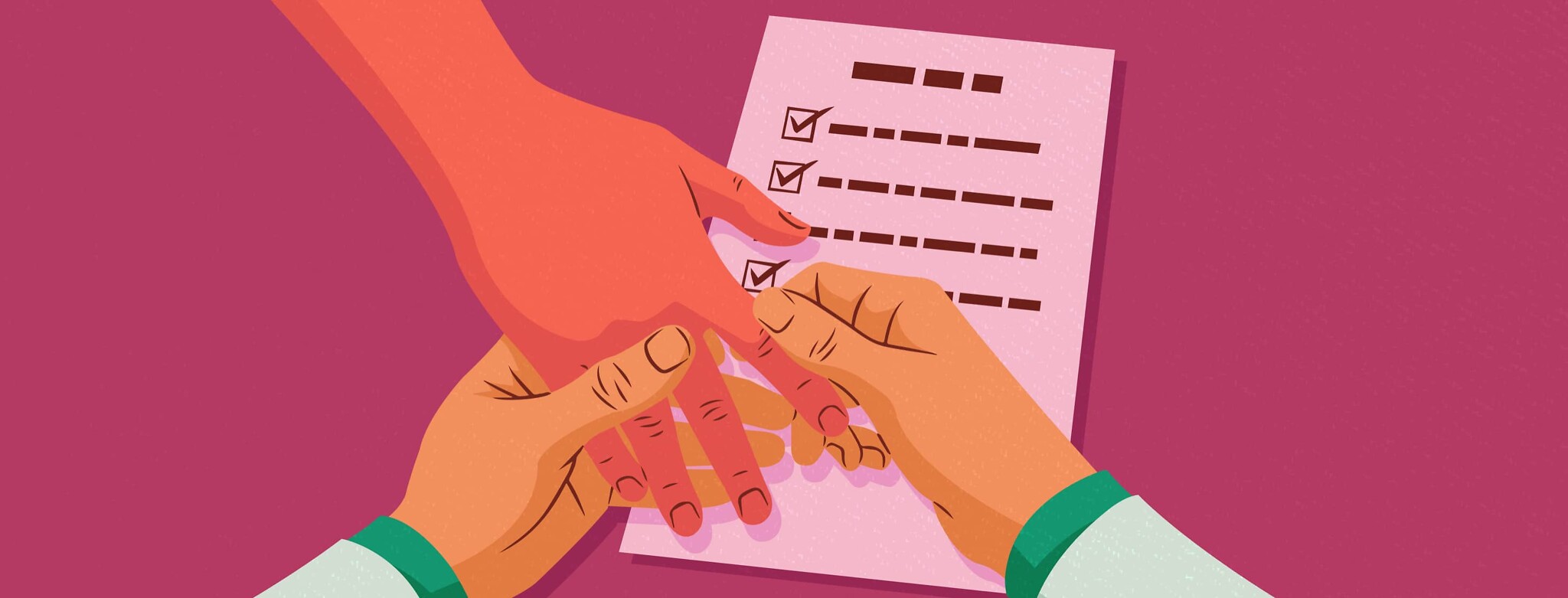 Doctor’s hands hold patient’s hand in search of physical symptoms rather than reviewing list of known positive symptoms