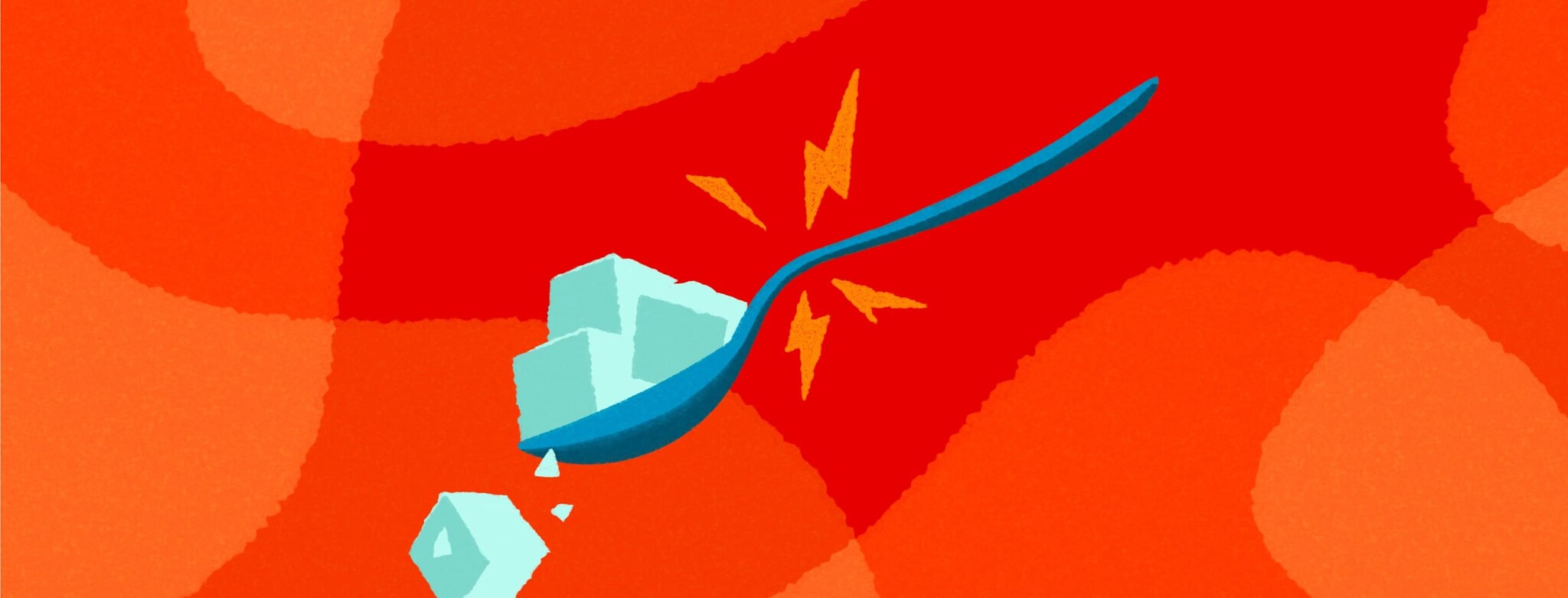 Sugar cubes straining and bending the spoon they sitting in front of a fiery background