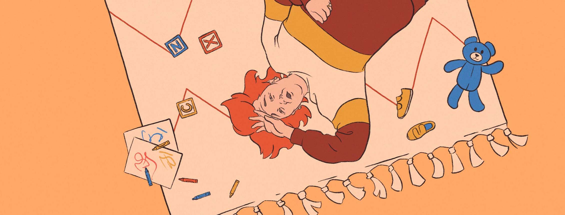 An older woman lays exhausted on a patterned rug surrounded by children's toys