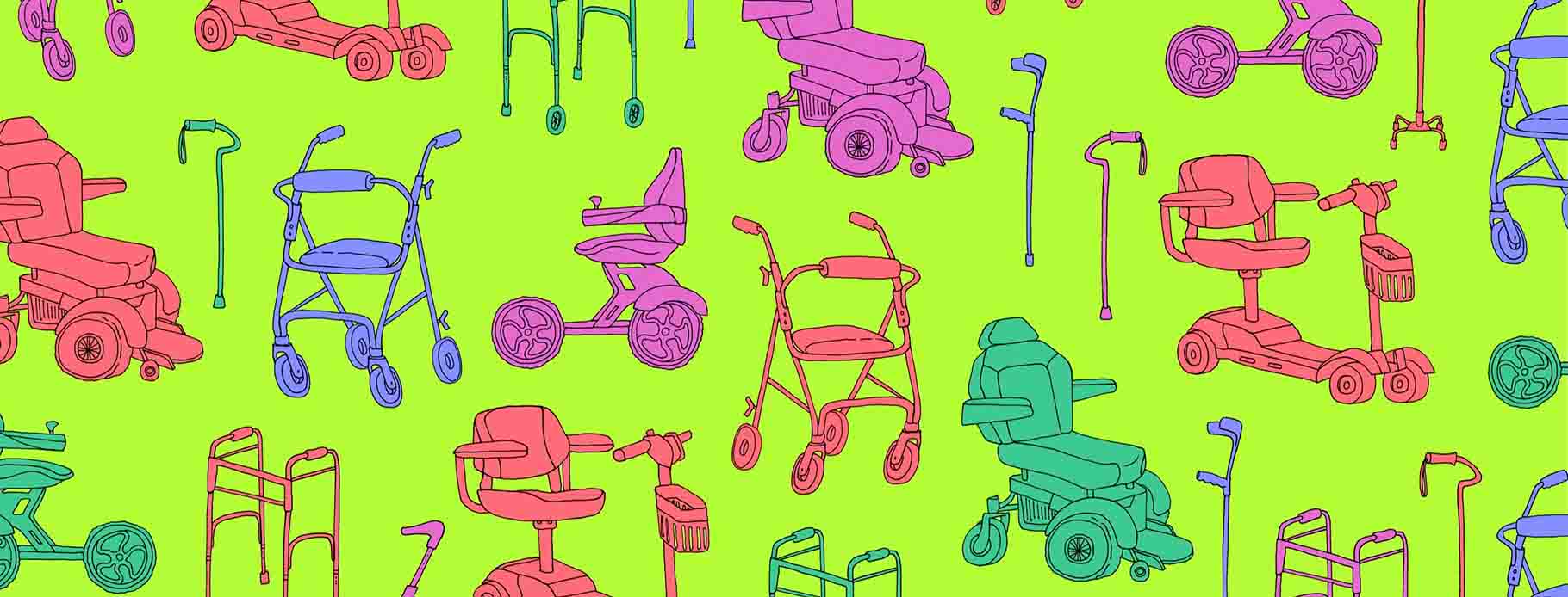 A colorful patterned assortment of mobility devices