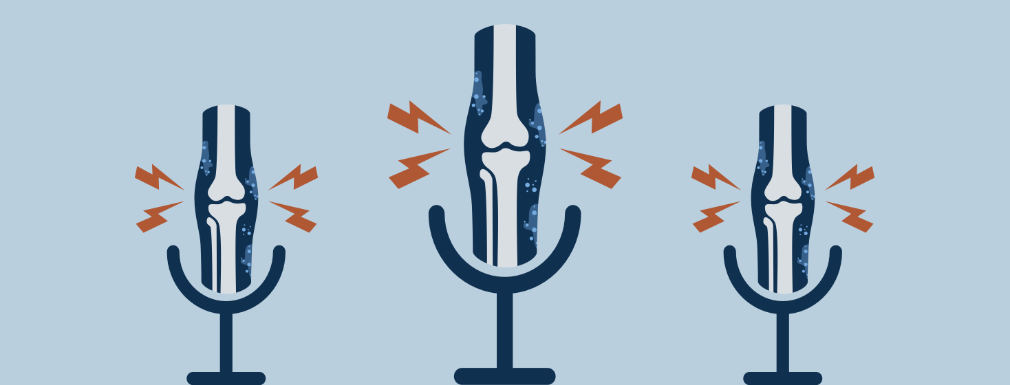 Three microphones with leg bones inside the shape of the microphone head. Lightning bolts extend from the microphone to emphasize sound and joint pain.
