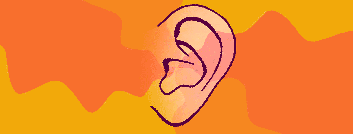 An ear sits stationary while multiple sound waves blast into the eardrum