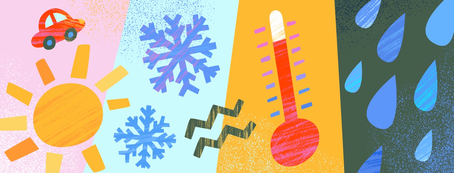 Illustrations of various arthritis triggers including temperature and weather changes, driving, and environmental