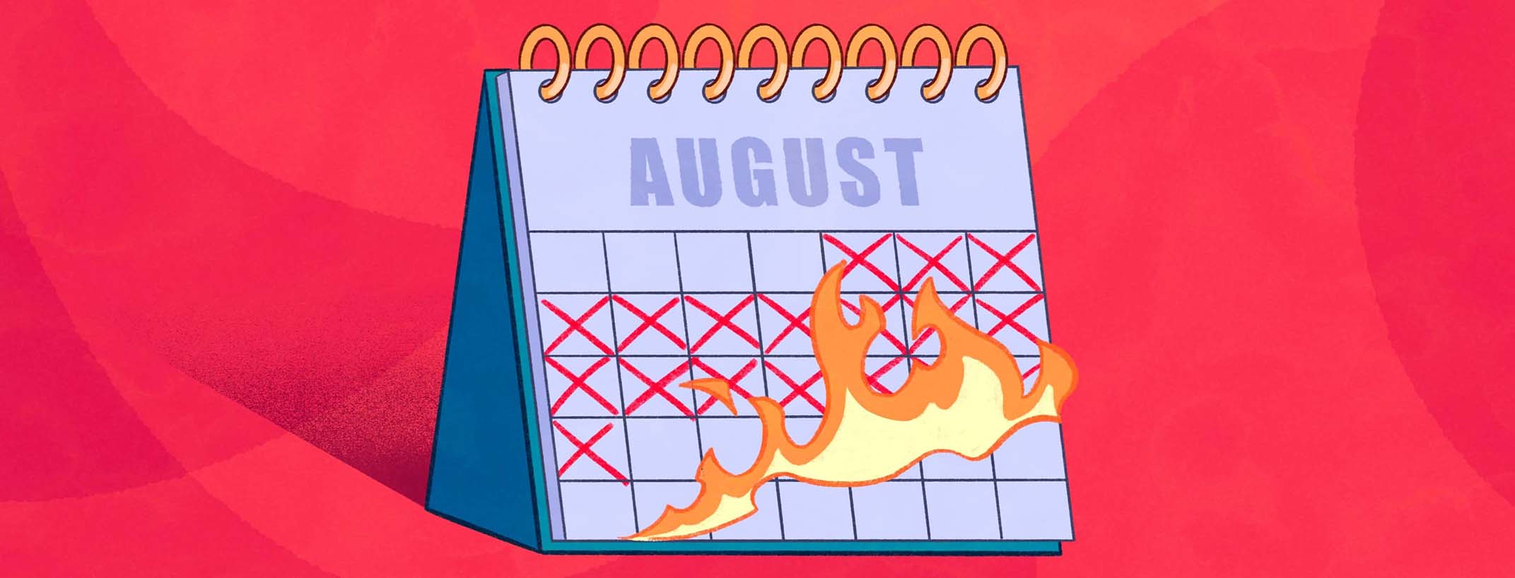 A tabletop calendar with flames burning up the remainder of a busy month