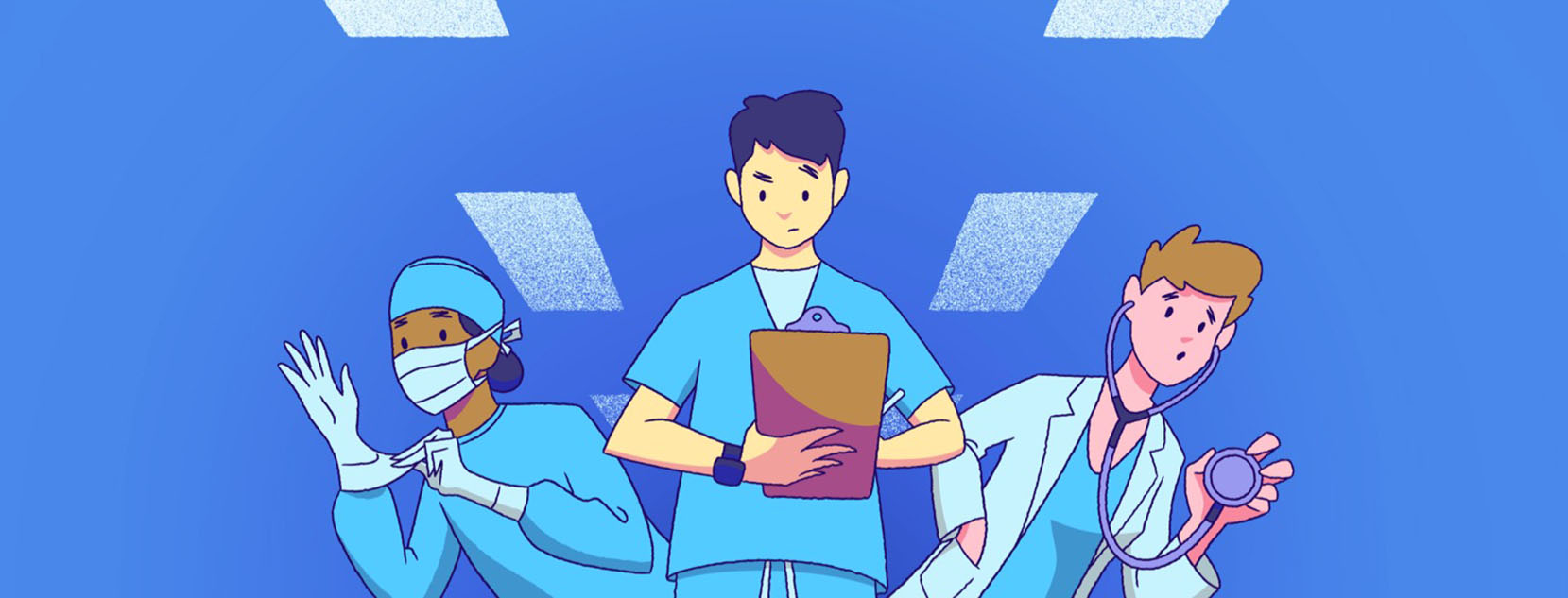 A nurse, surgeon, and doctor eagerly awaiting a patient under sterile hospital lighting