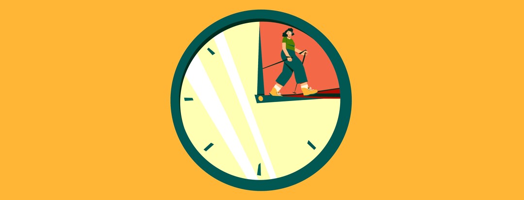 A clock with hands framing a fifteen-minute window in which an adult woman hikes