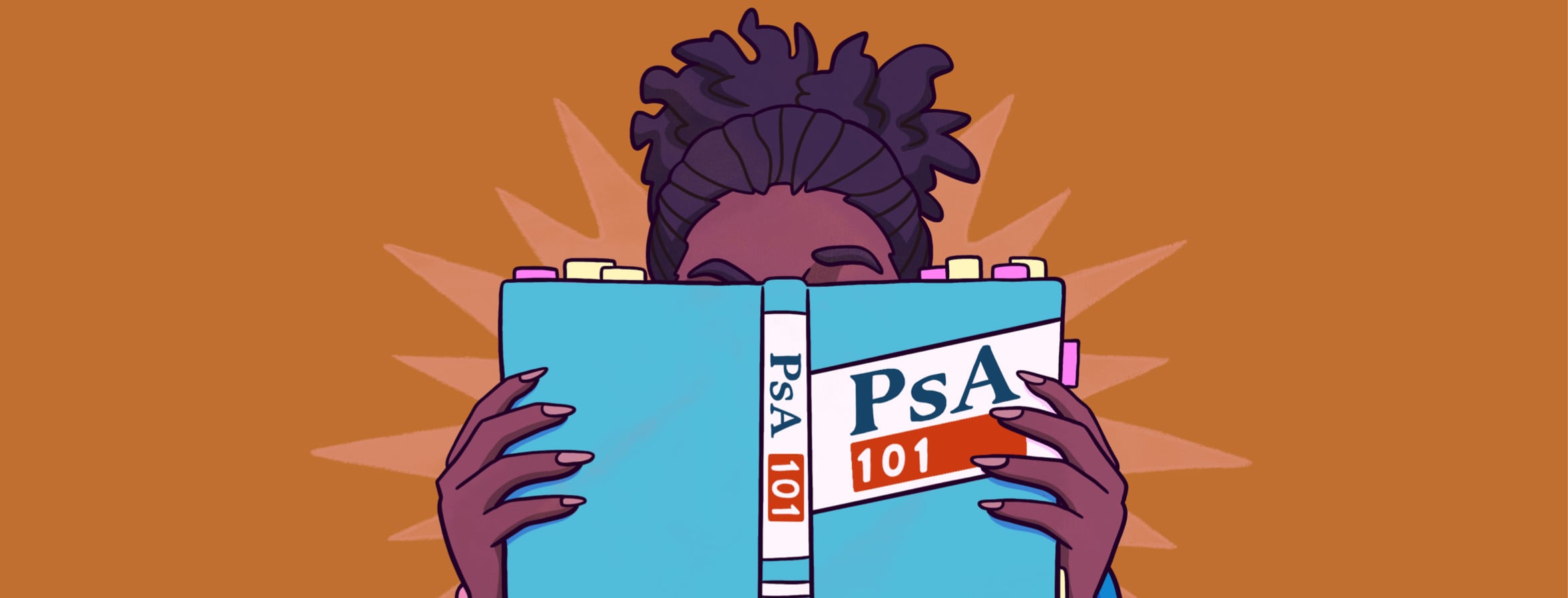 An adult woman with her face obscured by a book about the basics of PsA