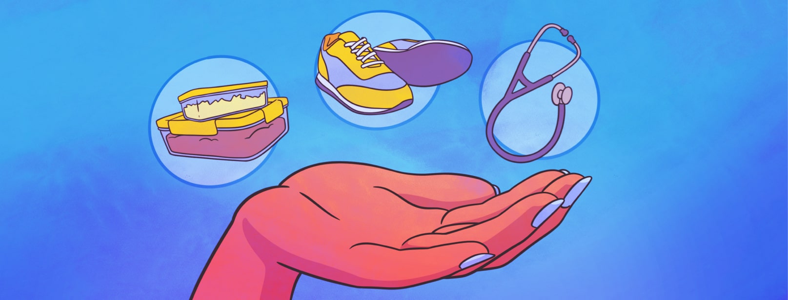 A hand gestures to 3 small icons; food in Tupperware, tennis shoes, and a stethoscope