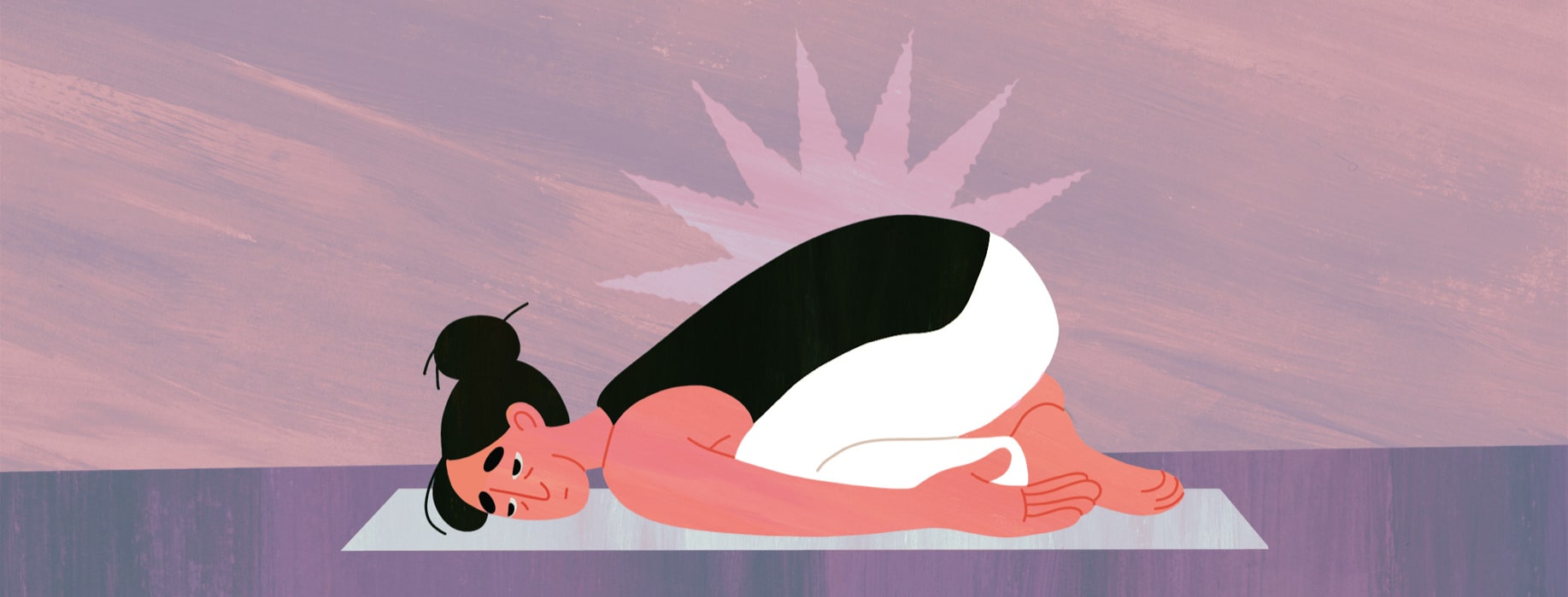 An exhausted woman curled up on a yoga mat while pain radiates from her back