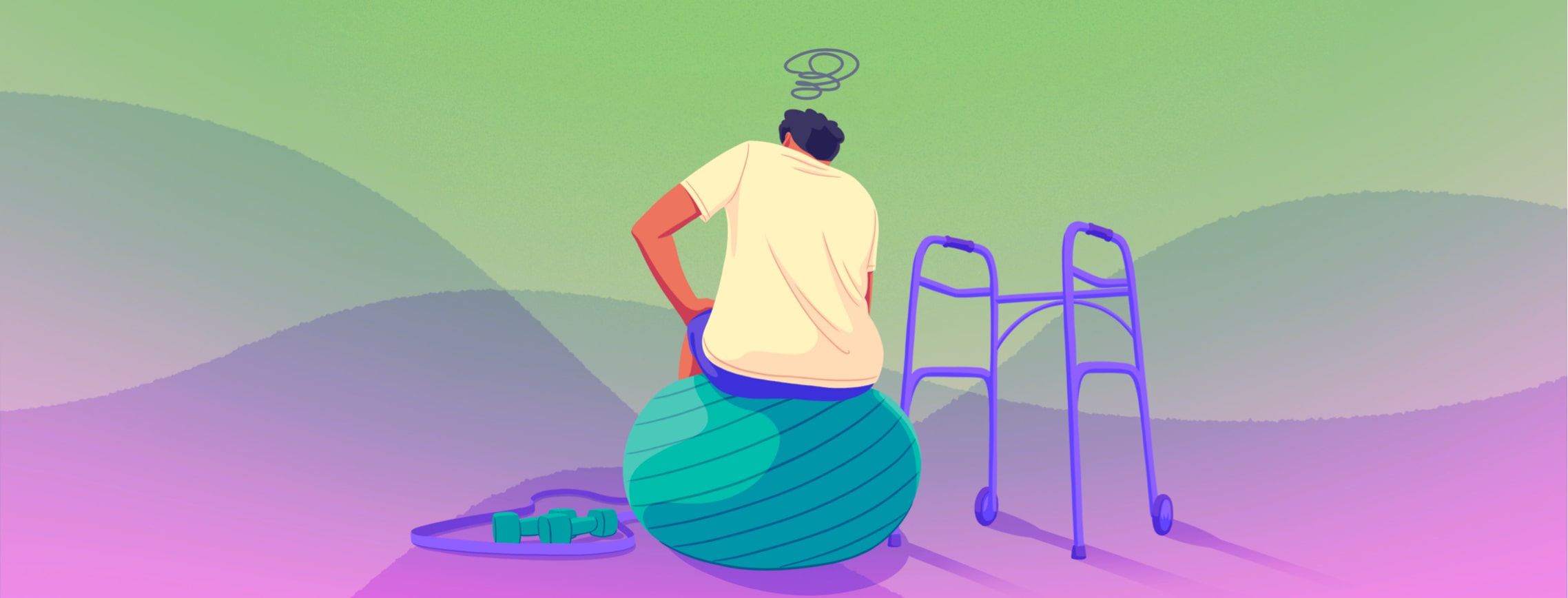 An adult male sits exhausted on a yoga ball with physical therapy tools and a walker to each side.