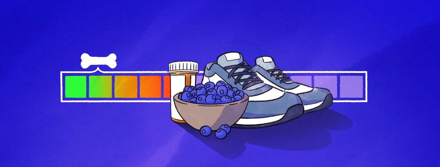 Athletic shoes, blueberries, and a bottle of medication in front of a color scale with a bone icon