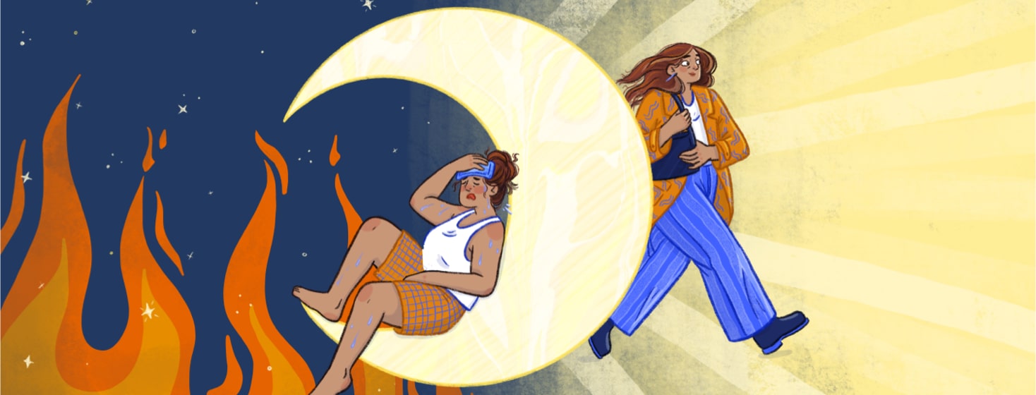 A woman sitting on a moon holding a towel to her forehead while surrounded by flames; the same woman walk in sunlight on the right