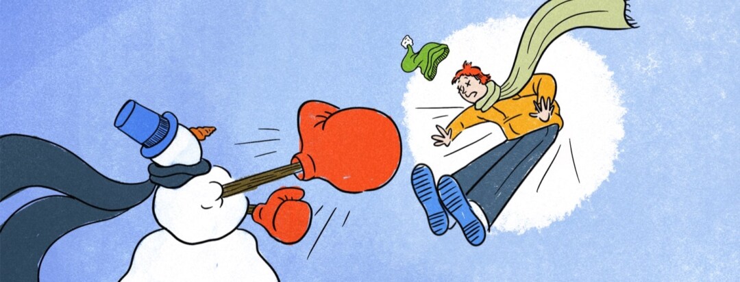 A snowman who has punched a person with a punching glove and that person is flying backwards in pain