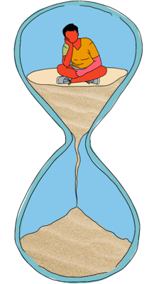 Bored person sitting inside of an hourglass