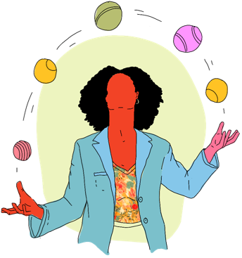 Woman in a suit jacket juggling different colored balls