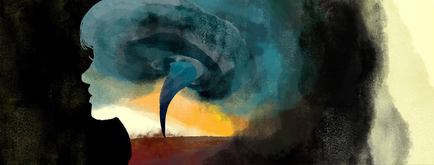 Inside the silhouette of a woman's profile is a swirling tornado