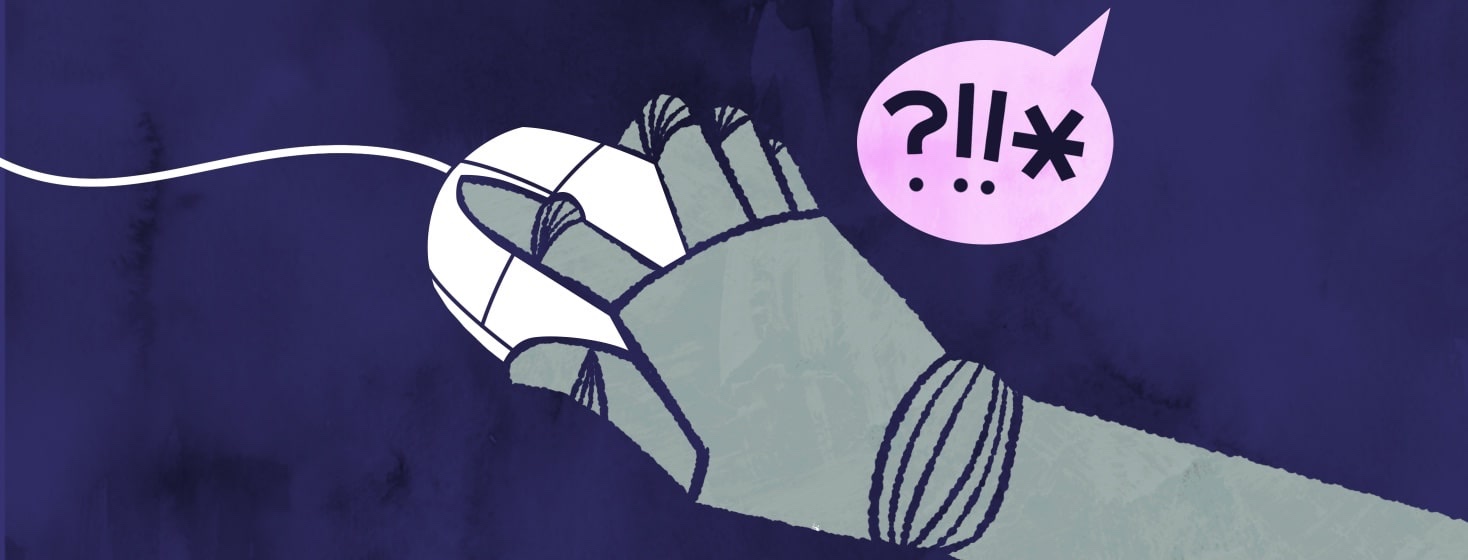 A metal hand is using a computer mouse and a comment bubble to the side showing various symbols