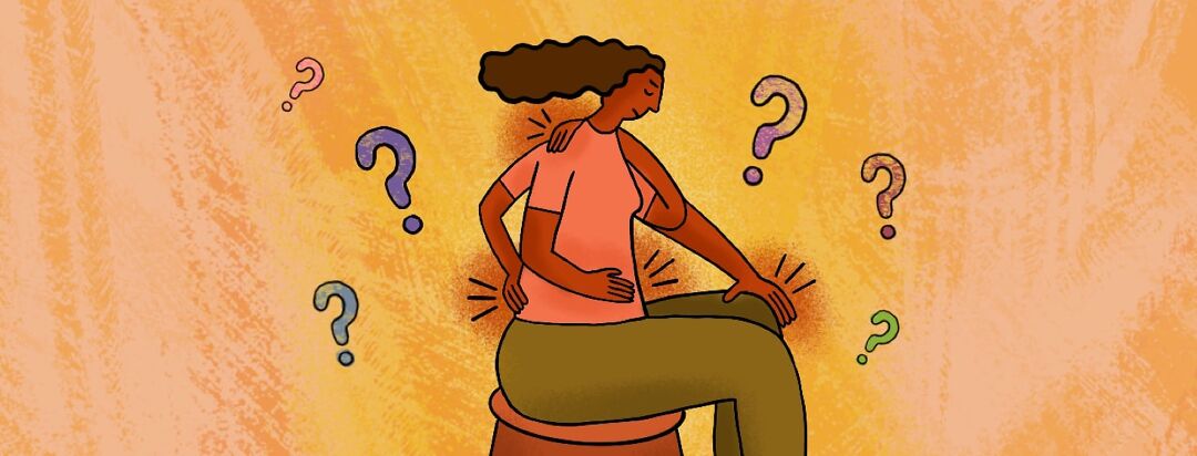 A woman with four arms uses each hand to clench an aching body part: lower back, stomach, knee joint and back of her neck with question marks surrounding