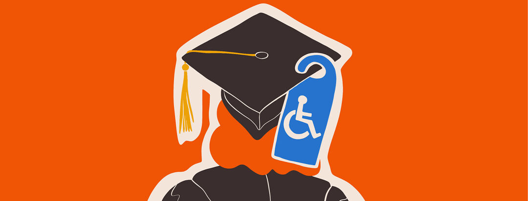 A student wearing a cap and gown is shown from behind with a handicap tag hanging from their cap.