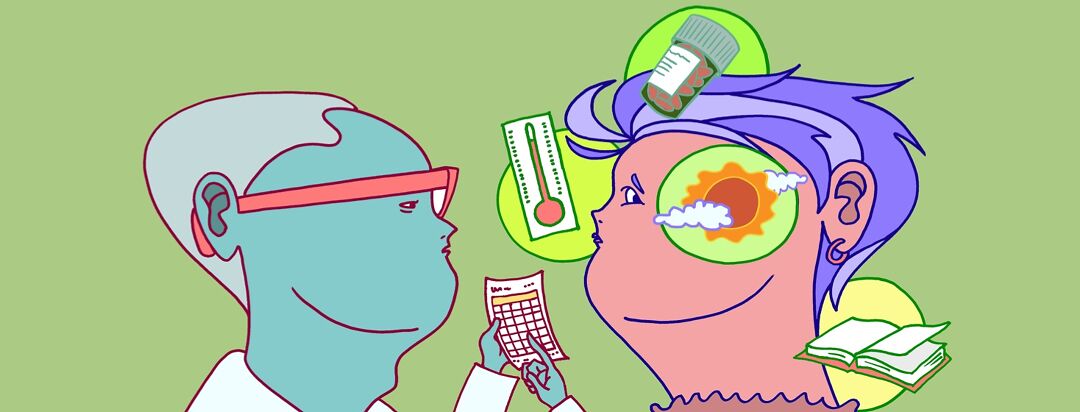 Doctor looking at a person with a thermometer, sun and clouds, pill bottle, and notebook around their head