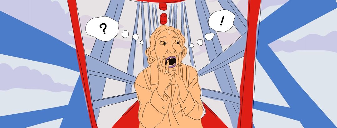 Woman high in the air, sitting in a ferris wheel, with a fearful or surprised face